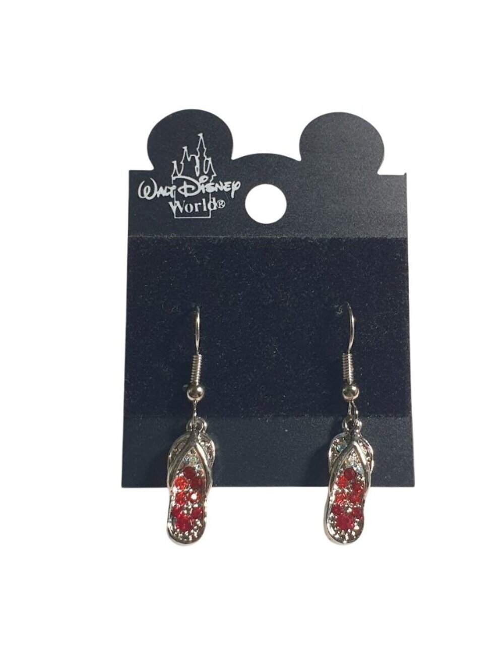 Walt Disney World Red Rhinestone Flip Flop Dangle Earrings Silver Tone Hook Girl
